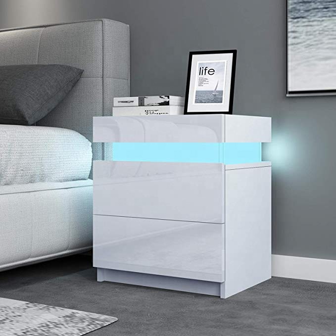 Hot Sale  High Gloss LED Lights Bedroom Bedside Cabinet Night Stand With Two Drawers