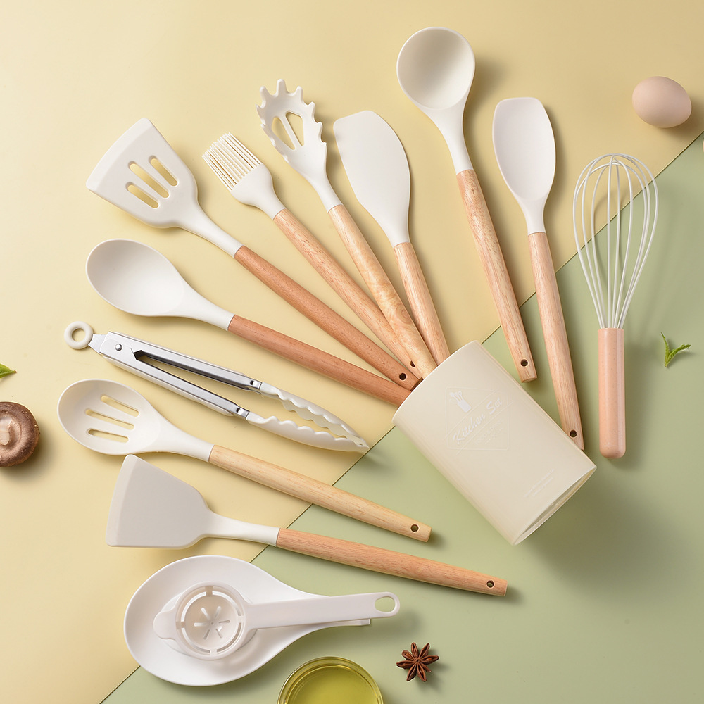 Hot Selling Silicone Kitchen Utensil Set With Wooden Handle 14 Pieces Silicone Kitchen Utensil Set