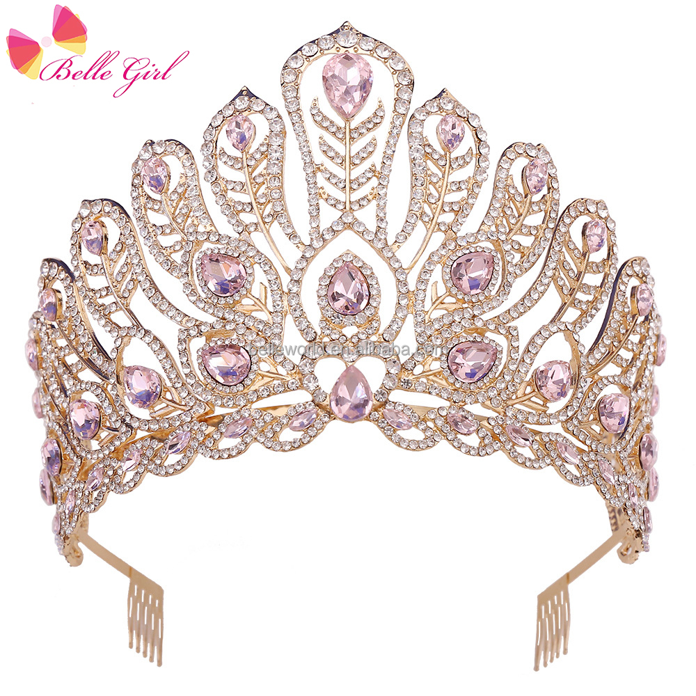BELLEWORLD wholesale luxurious design performance coloured hair tiara with comb coronas para novia decorar tall pageant crowns