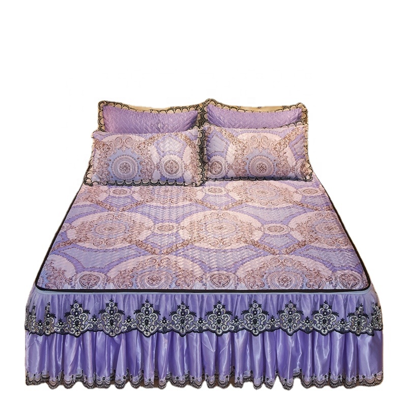 900D lace ice silk mat bed skirt set ice feeling cool summer bedding set luxury embroidery detachable bed sheets queen size