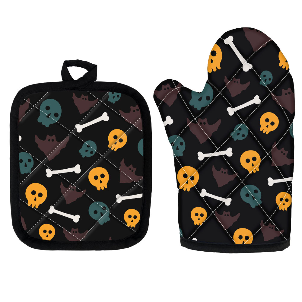Colorful Scull Head Pumpkin Custom Print Home Decor Halloween Party Acceossories Microwave Oven Mitts For Cooking Wholesale
