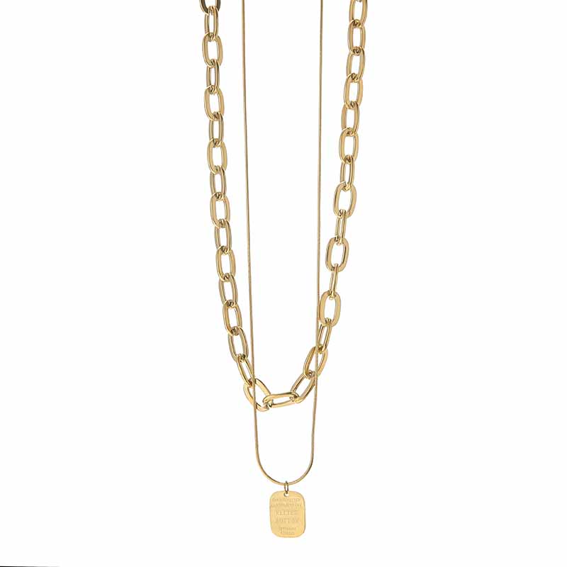 2021 Hot Selling 14K Gold Plated Stainless Steel Rectangle Pendant Double Layer Long Chain Necklace