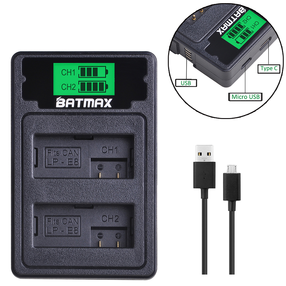 BATMAX LP-E8 LP E8 LPE8 USB двойное зарядное устройство с разъемом type C для цифровой однообъективной зеркальной камеры Canon EOS 550D 600D 650D 700D поцелуй X4 X5 X6i X7i Rebel T2i T3i T4i T5i
