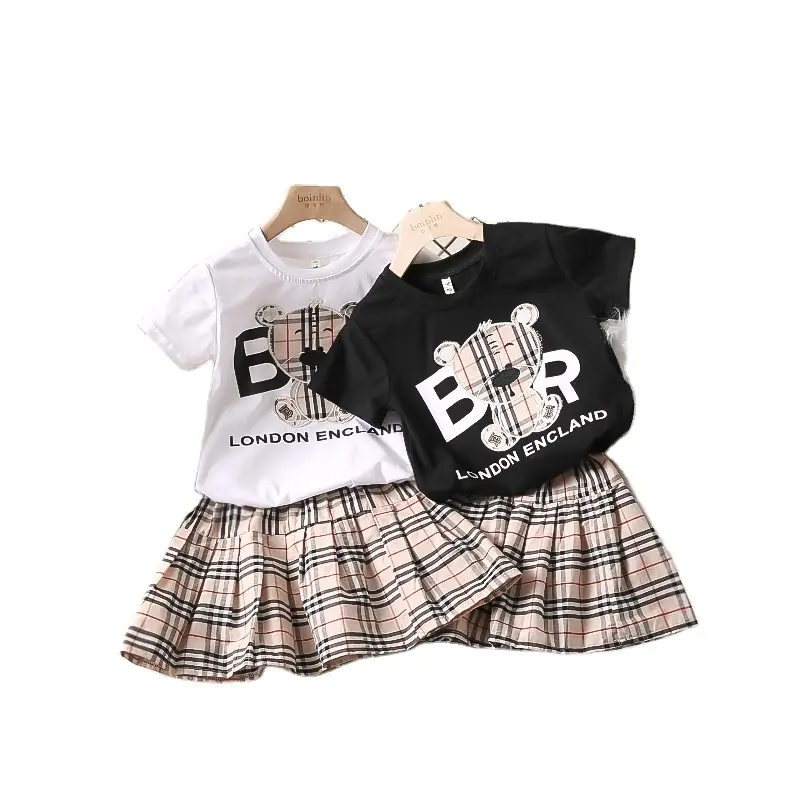 IHJ3105 kids clothing summer new little girls' short-sleeved T-shirt + plaid skirts sets