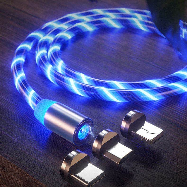 Магнитный USB-кабель 3 в 1, 2 м, 1 м, Светодиодный светящийся бегущий кабель Micro USB Type-C, кабели для мобильных телефонов, яркий зарядный Шнур для iPhone