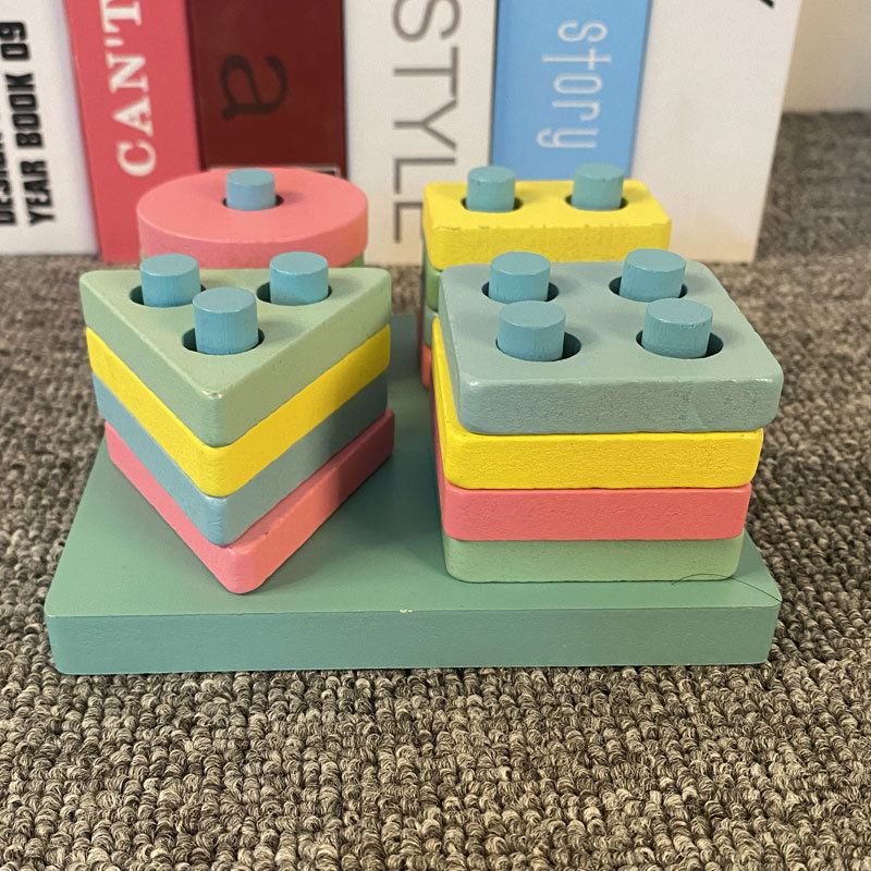 Educational Wooden Four-set Column Montessori Early Education Geometric Shape Color Cognitive Building Blocks Matching toys