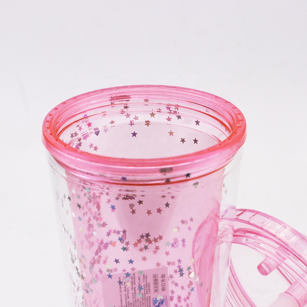 promotional production16oz double wall confetti glitter travle mug custom plastic cups with lid and straw for girls