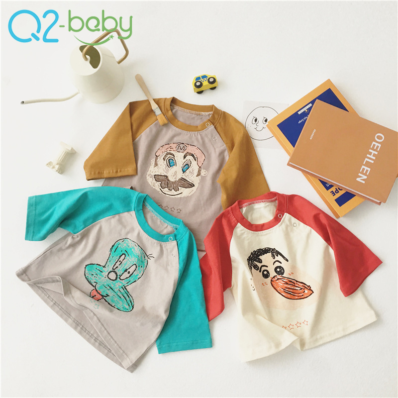 Q2-baby 2426 Новый дизайн Детские Топы в стиле "петчворк" для малышей, футболка с длинными рукавами с персонажами из мультфильмов