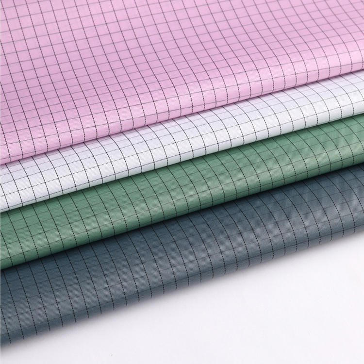 Cleanroom work uniform fabric stripe grid anti static carbon fiber yarn dust-proof polyster esd anti static fabric