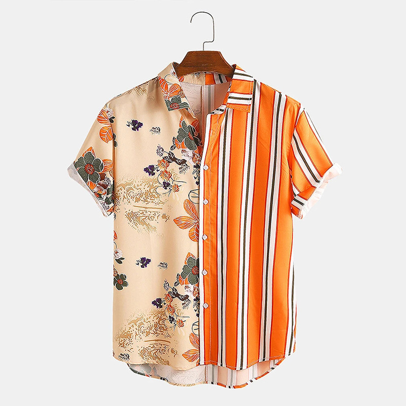 IHJ3747 Amazon new summer men's striped color block short-sleeved plus size shirts