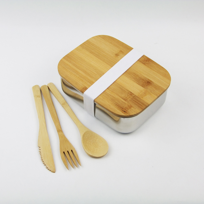 Экологичный контейнер для еды bento из нержавеющей стали с бамбуковой крышкой и логотипом на заказ, пищевой контейнер с бамбуковыми столовыми приборами