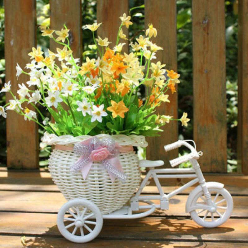 Bicycle Decorative Flower Basket Newest Plastic White Tricycle Bike Design Flower Basket Storage Party Decoration Pots V088-1