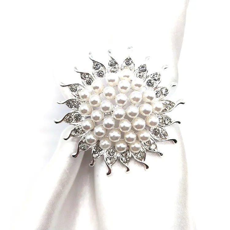 Fashion Silver-plated Sunflower Shape Pearl Rhinestone Napkin Ring For Table Decoration,Napkin Rings Wedding,Napkin Rings Gold