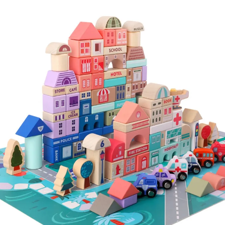 Montessori Shape Bricks Construction Puzzle Toy Set urban traffic building blocks Traffic Scenes Large Block Wooden Toy