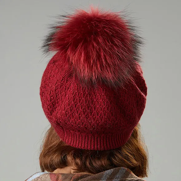 KAZUFUR Women Fashionable Knit Hat Removable Fur Pom Pom Knitted Beret