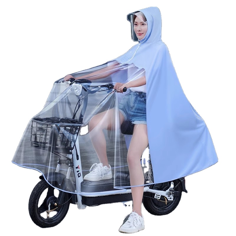 Mother and son two person electric bike raincoat, motorcycle electric scooter rain cape, rider in summer, transparent double