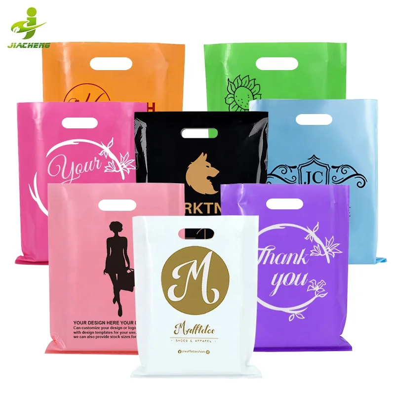 Custom logo printed fold plastic black thank you die cut handle carry shopping packaging bags for boutique retail shopping