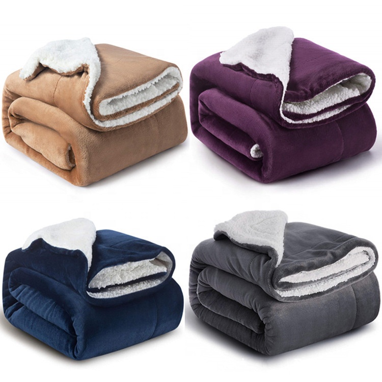 Household Items cheap solid color flannel blanket with Sherpa customized Print 100% polyester blanket mink