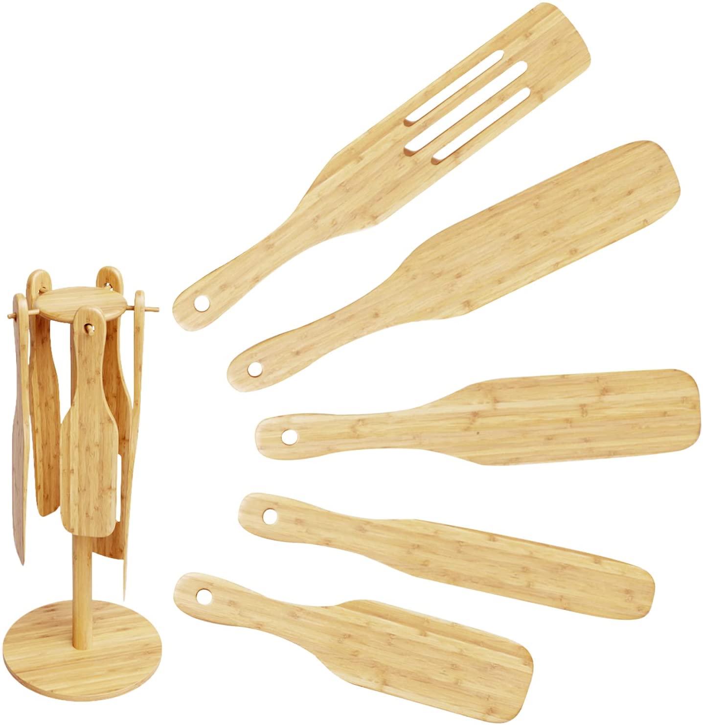 Kitchen Tools Wooden spurtles Set Bundled with Countertop Utensil Holder Eco-Friendly Bamboo Cooking Utensils