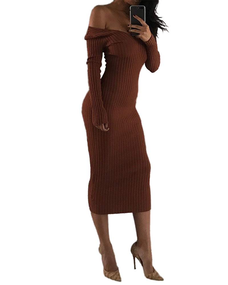 Fashionable Designer Sexy Casual Brown Fall Cold Knit Women Maxi Sweater Dress