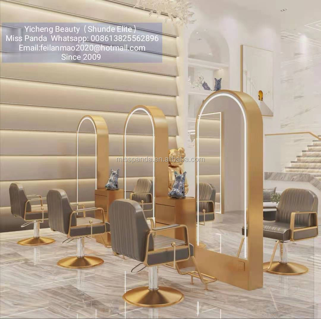 2021 hot selling newest gold stainless steel mirror styling station with LED light salon styling chair