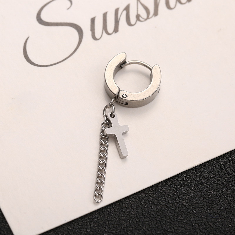 2021 Newest Cross Spider Scorpion Pendant Earrings Stainless Steel Jewelry Long Chain Tassel Men's Ear Clip On Earrings