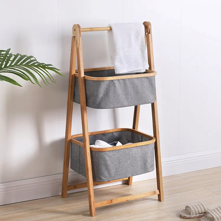 2 Tier Bamboo Laundry Hamper Bamboo Laundry Basket With Storage Bag