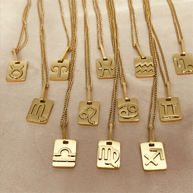Simple 12 zodiac signs square card three-dimensional pendant chunky stainless steel necklace pendant