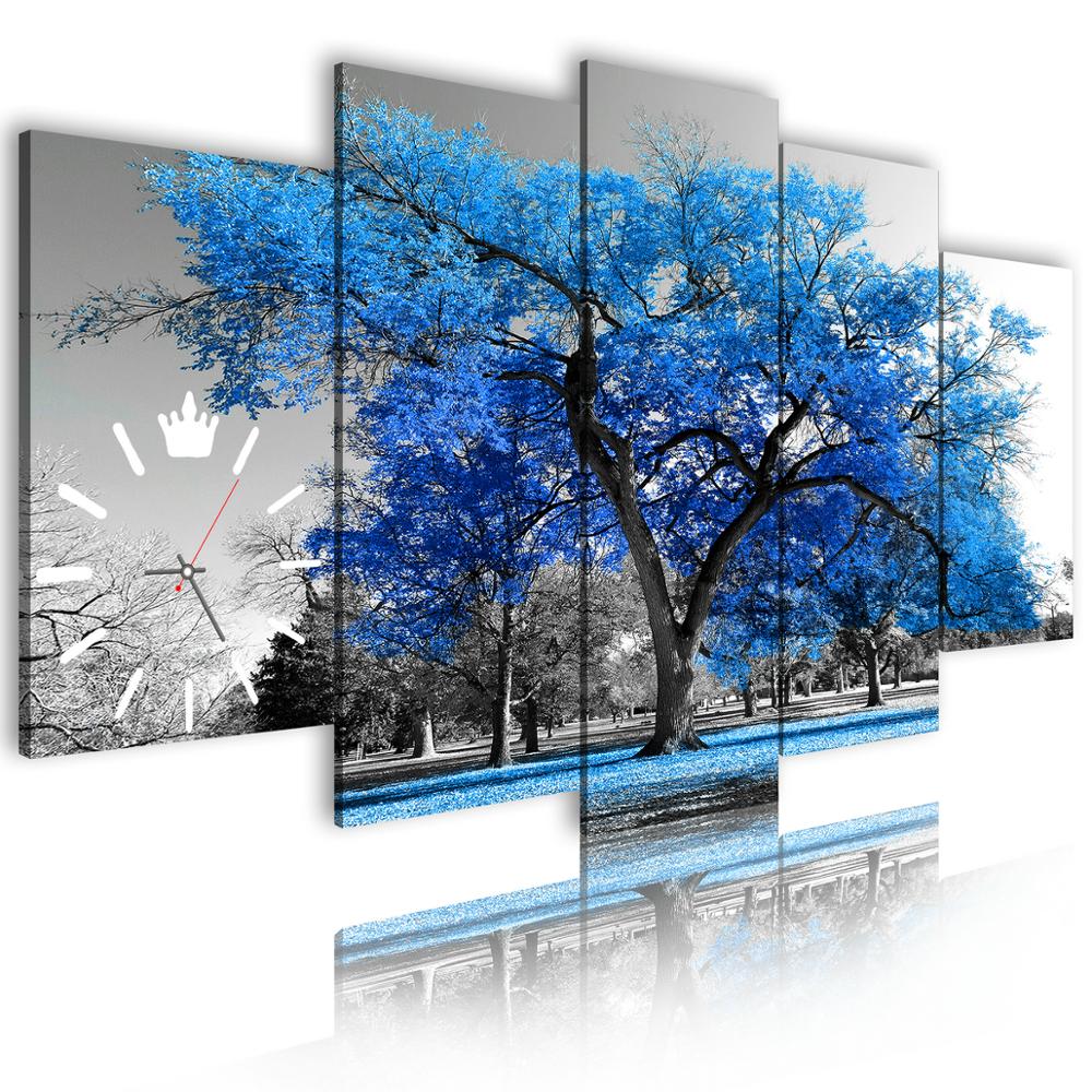 5 piece Artist Blue Tree Art Clock Black And White Decorations Decoration Decor Modern Paintings