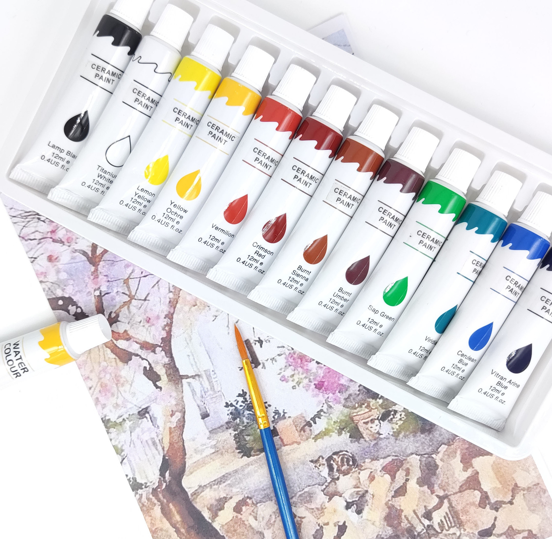 Wholesale 12 colors 12 ml tube Quick Drying watercolor poster Acrylic glass gouache oil fabric ceramic paint set