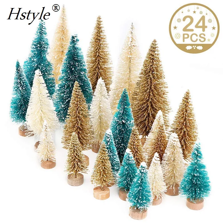 24PCS Artificial Mini Christmas Trees, Sisal Trees with Wood Base Bottle Brush Trees for Christmas Table Top Decor SSD242