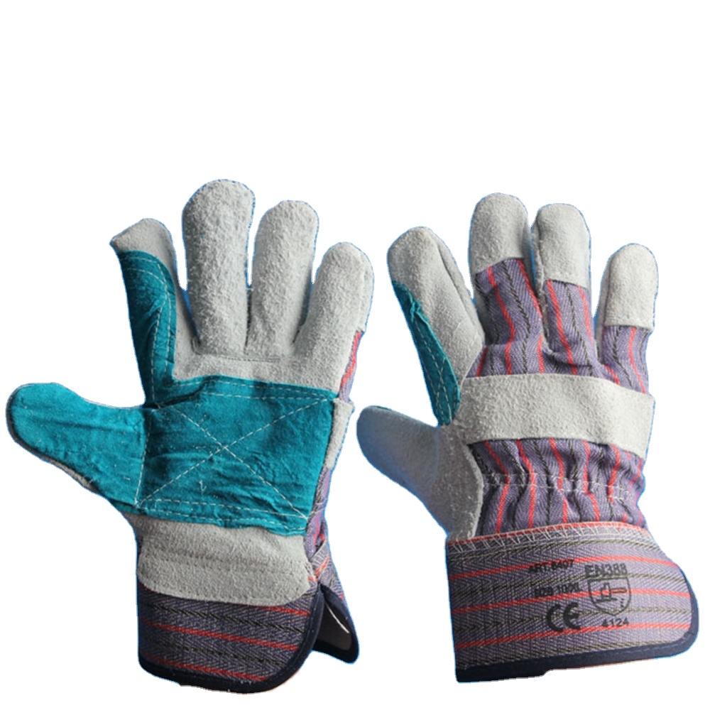 Cow split leather working gloves with reinforcement on palm