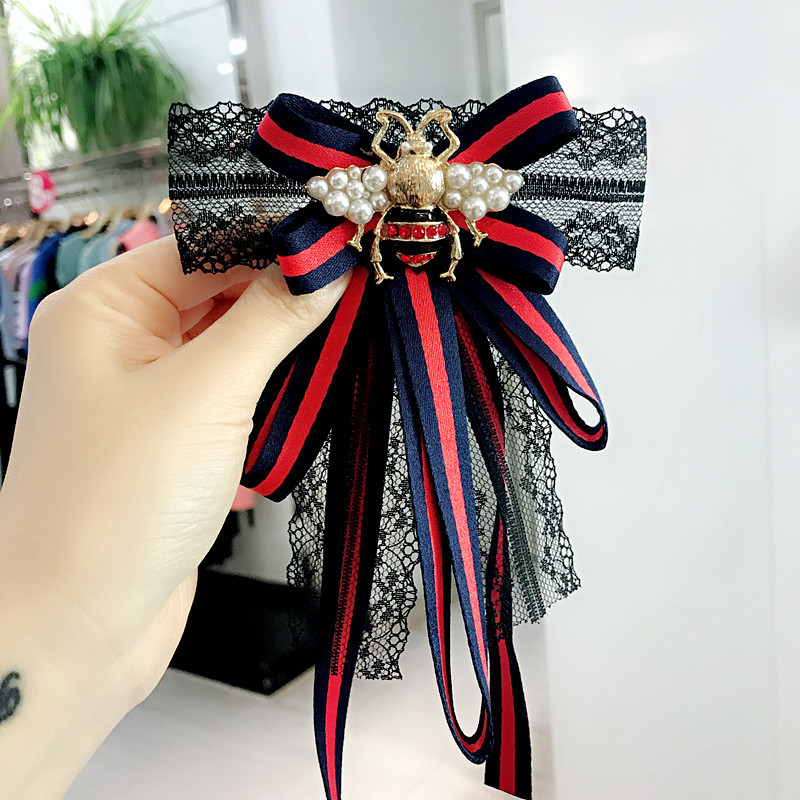 wholesale safety pin corsage bow brooch women female cloth decoration big fabric lace pearl bee brooch brooches pin