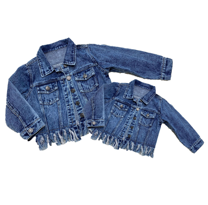 Free Shipping Mommy and Me Distressed Denim Jacket With Tassel Baby Girls Short Fringed Jacket with Pocket