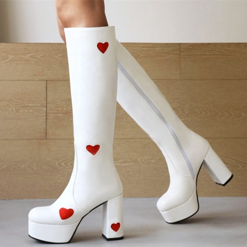 Fancy Boots for Girls Heart Shape Winter Knee High Boots Platform Square Toe High Chunky Heel Shoes Side Zip Big Size 43