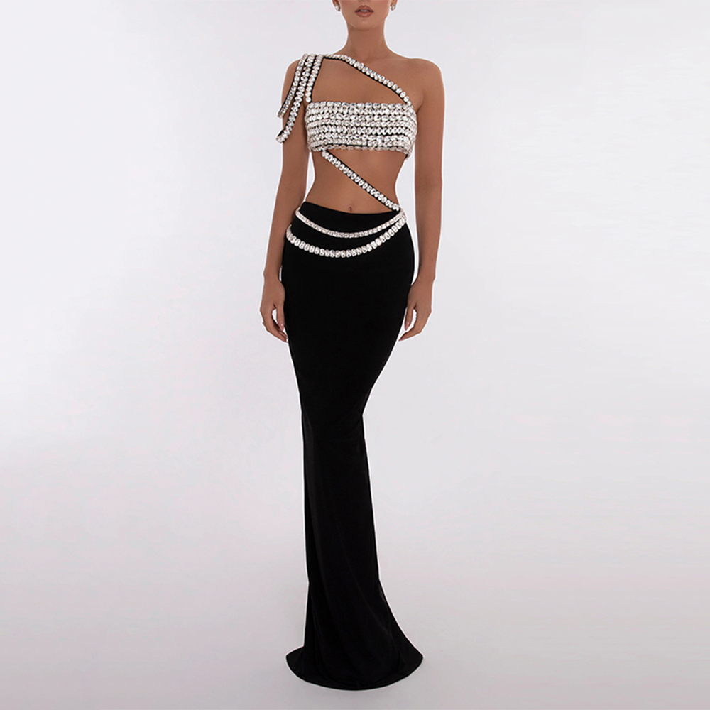 TWOTWINSTYLE High End Design Fashionable Trend Sexy Black Sparkling Diamond Women's Vest Longuette Set