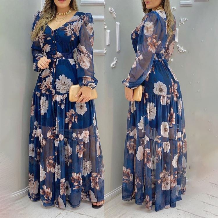 Vestidos Elegantes Para Mujer; Новое поступление; Модное платье с цветочным принтом повседневное V образным вырезом сетчатые Платья-макси со складками женские элегантные длинные вечерние платья