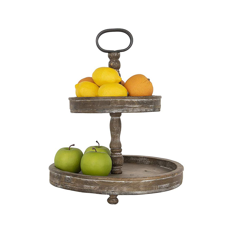 Double Layer Pastry Country Vintage Wood Retro Kitchen 2 Tiered Tray Stand Farmhouse Distressed Style Round Wooden Tray