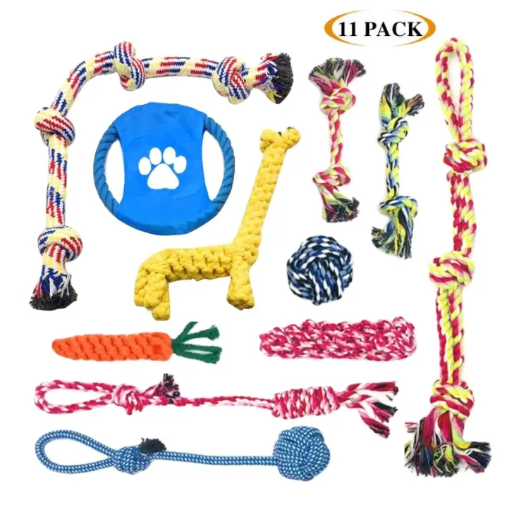 Custom cat pet dog chew toy 10 pack set ball rubber cotton rope squeaky dog toy