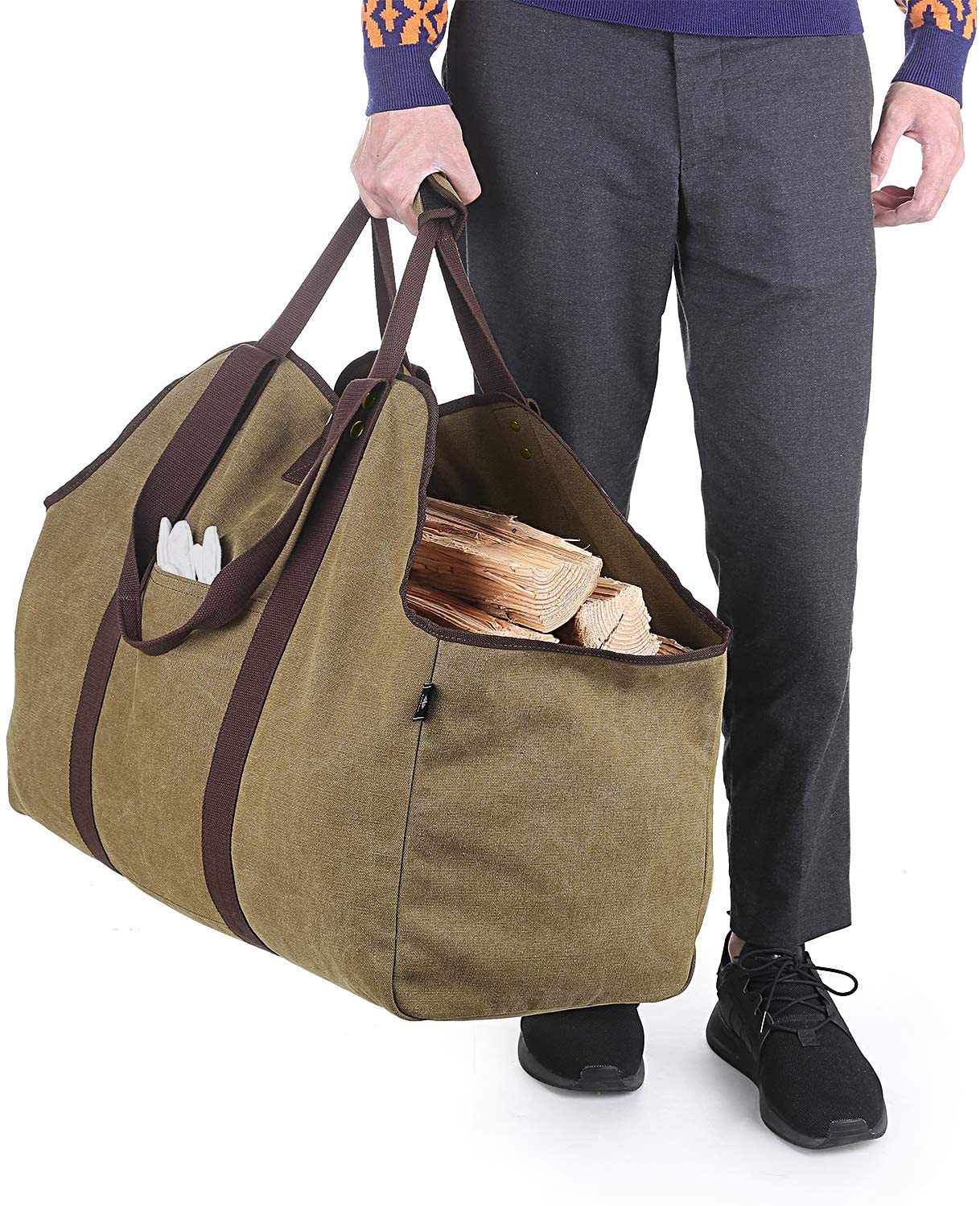 Durable Heavy Duty Waxed Canvas Log Carrier Tote Bag, Extra Large Durable Firewood Holder