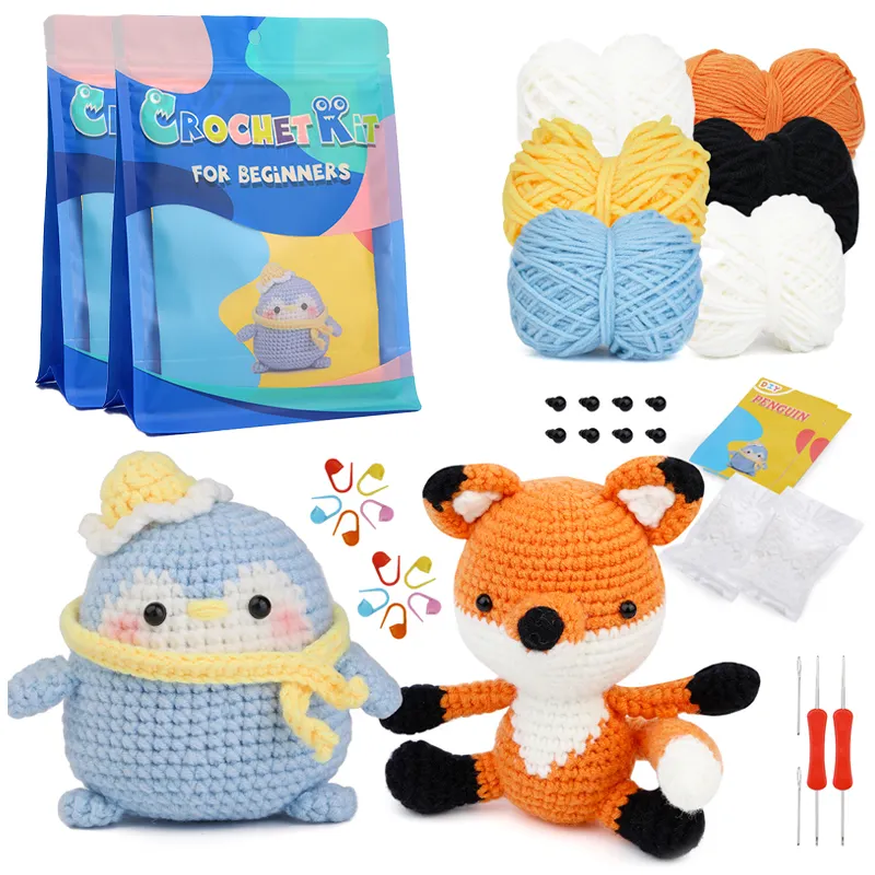 Easy To Do beginners woobles crochet animal kit 2pcs/set Fox and Penguin diy Handmade kit crochet