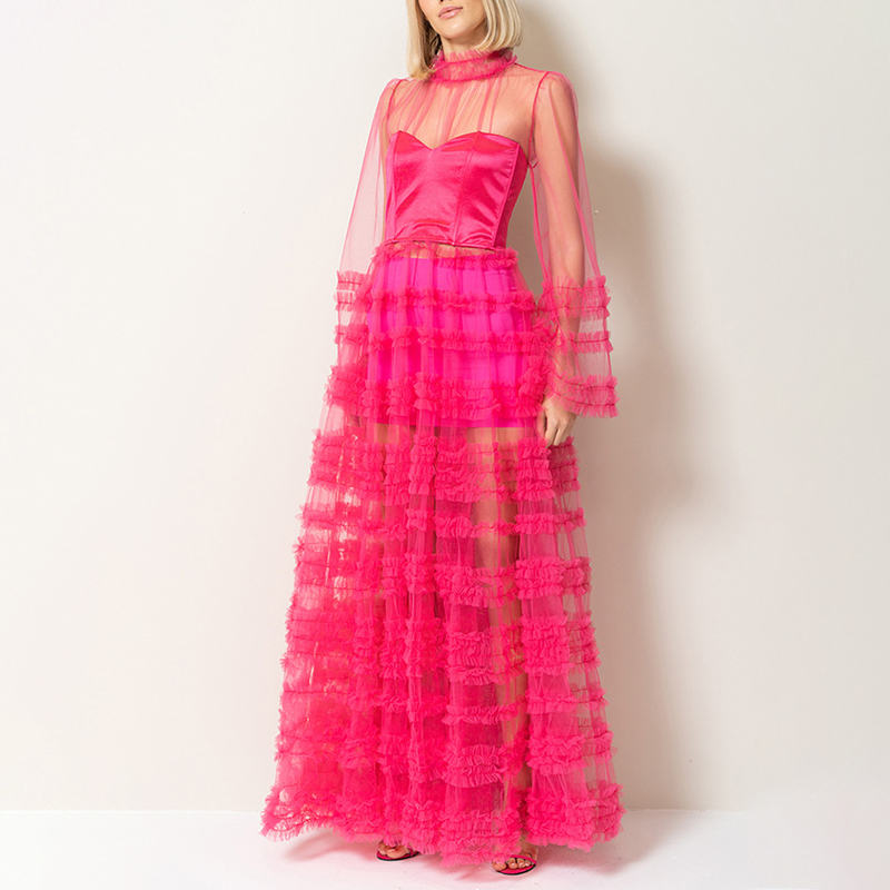 TWOTWINSTYLE Elegant Patchwork Tierred  Dresses Women Clothing High Waist Spliced Lace up Long Dresses for Women