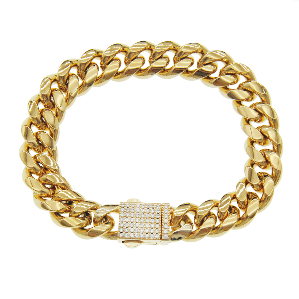 Men's Luxury Stainless Steel Bracelets 18K Gold Plated Zircon Button Cuban Link Chain Bracelet Simple Bracelet