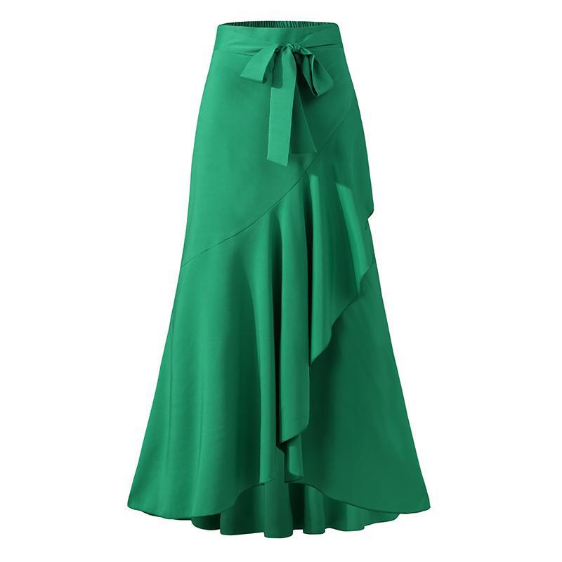 Wholesale Women Clothing Elegant High Waist Pleated Lace Trim Chiffon Silk Maxi Skirt Casual Dresses Light Denim