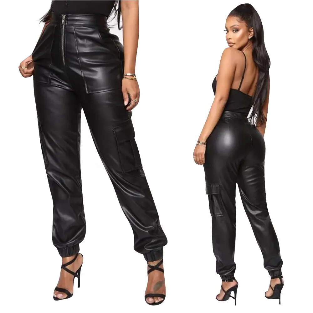 New Arrival 2021 Women's Leather Pants Pocket Casual Overalls Leather Pants