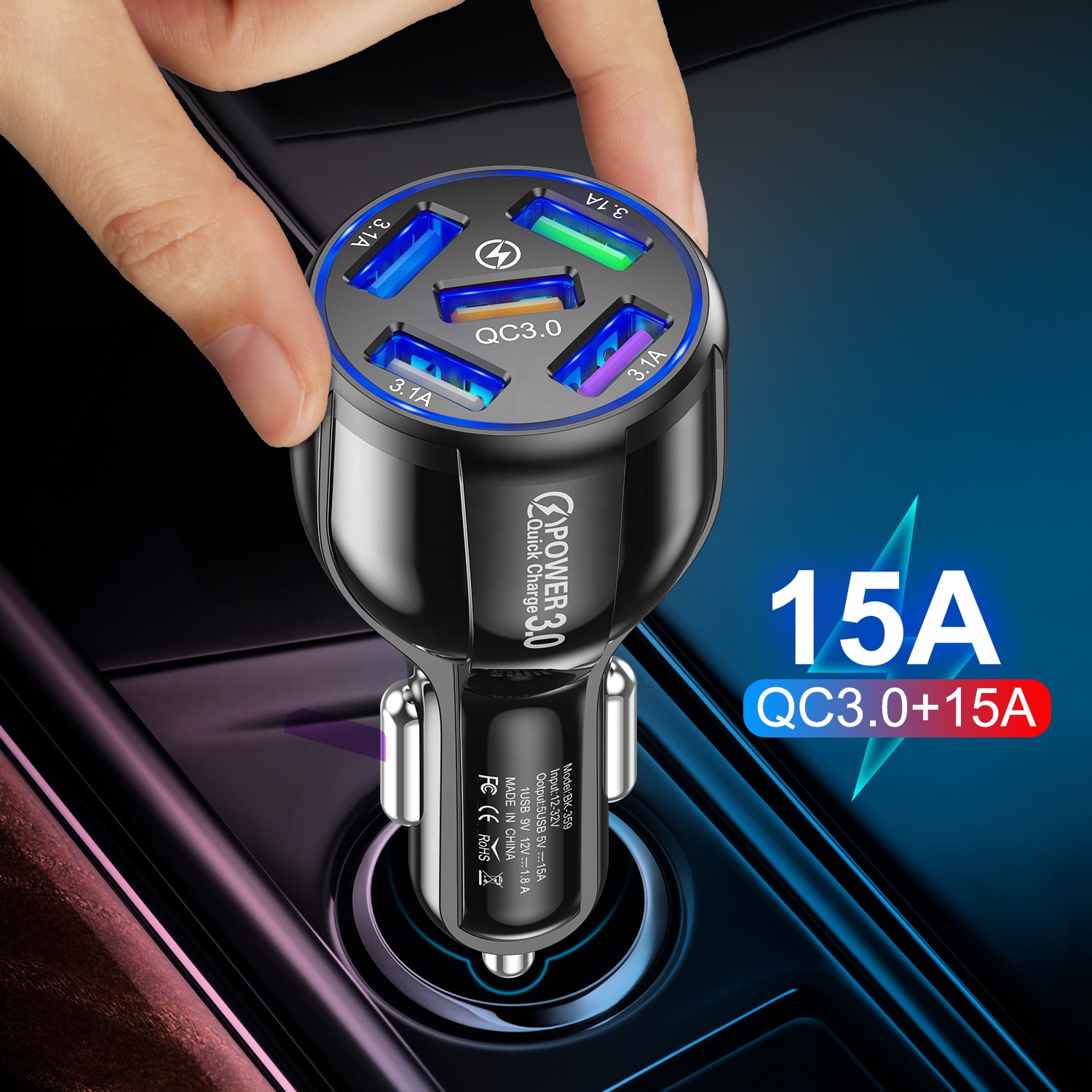 Автомобильное зарядное устройство USLION QC3.0 15A с 5 USB-портами, автомобильное зарядное устройство для телефона 60 Вт, Электрический автомобильный адаптер с синим освещением для мобильного телефона
