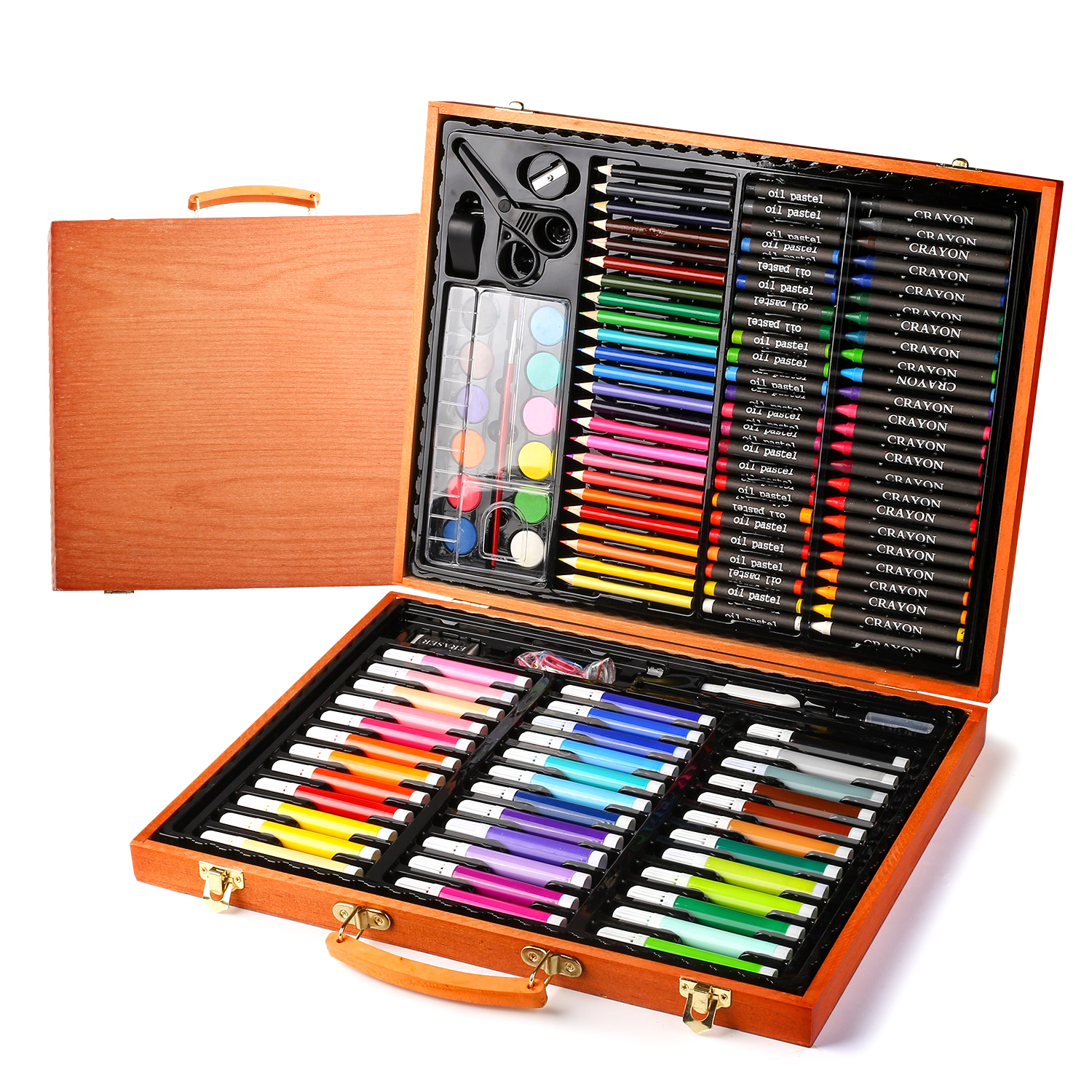 2021 150pcs Kids wooden box case kit deluxe acrylic paint art set with coloring oil watercolor crayons marker pen pencil