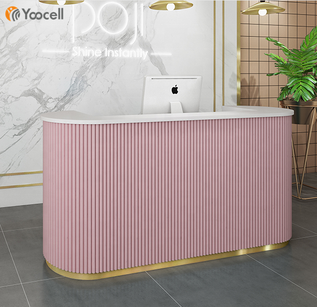 Yoocell pink color golden bottom line color optional modern design luxury style beauty salon equipment plywood reception desk