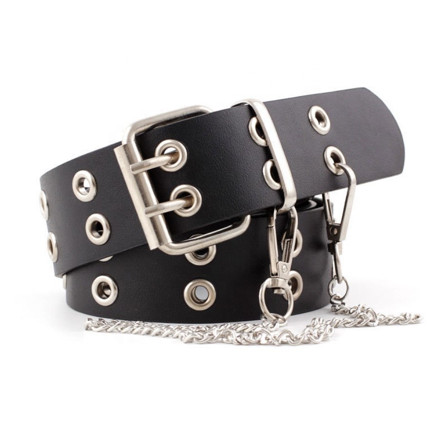 Cheap Double Grommet Metal Chain Western Leather Rock Punk Belt for Women Jeans