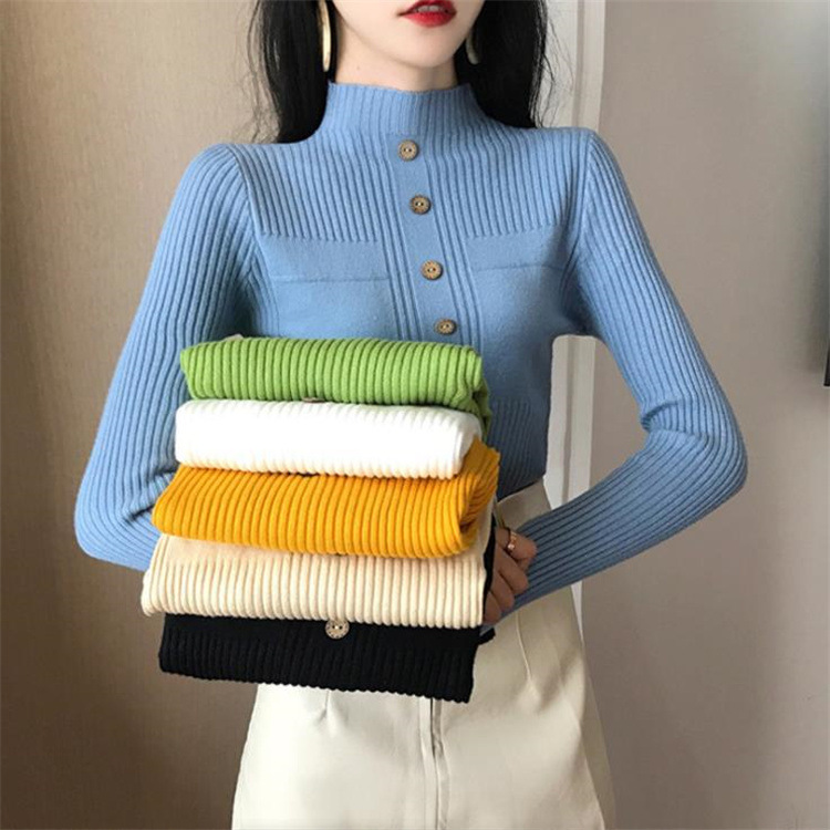 Custom turtleneck women sweaters girl knitted cotton pullover new button front turtleneck sweater knitwear women